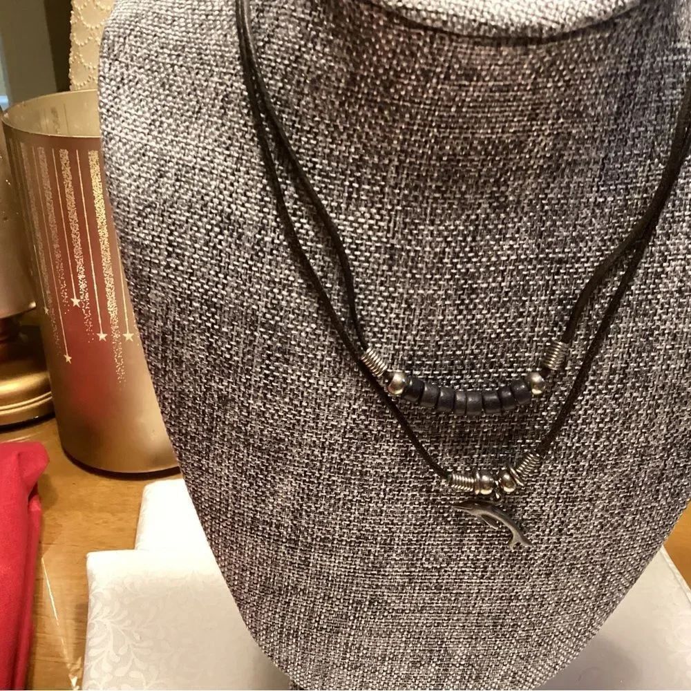 Set of 2 Black Leatherlike Cord Necklace with Accents